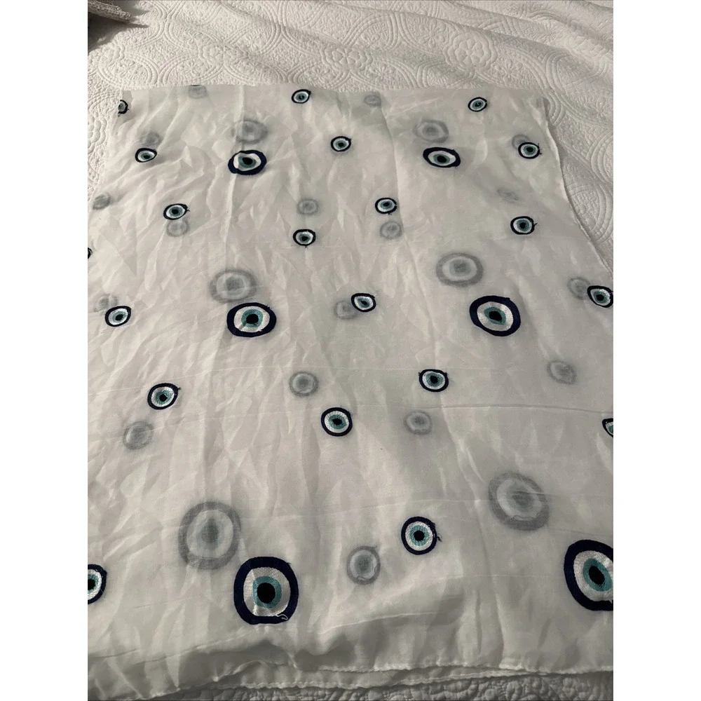 Evil Eye Embroidered White Semi Sheer Scarf 68x27